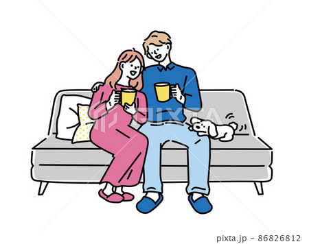 まったりする男女のイラスト(カップル、夫婦、同棲、朝、コーヒー、新婚生活、幸せ、結婚) 86826812