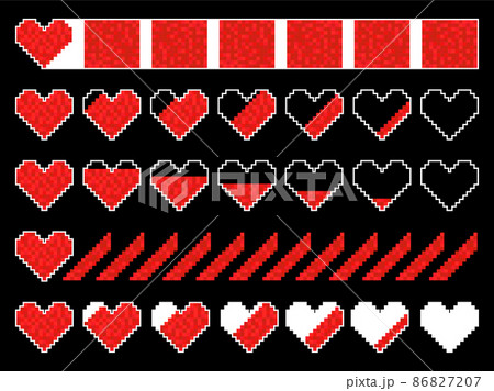 Pixel health bar 8 bit retro game. A set of health strips from pixel hearts and stripes. Design for banners and promotional items. Vector illustration 86827207
