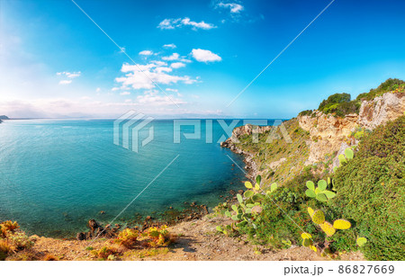 Dramatic spring view on the the cape Milazzo panorama of nature reserve. 86827669