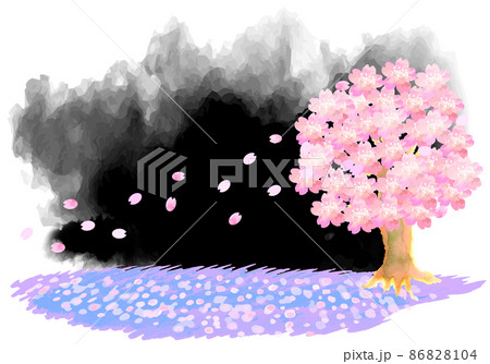 水彩の夜桜と花びらの風景イラストのイラスト素材