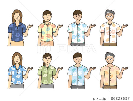 案内する沖縄のかりゆしウェアを着た男女 案内する沖縄のかりゆしウェアを着た男女 86828637