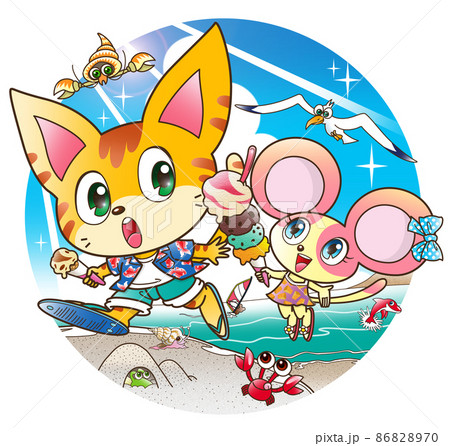 ネコ,ネズミ,キャラクター ,ビーチ,イメージ画 86828970