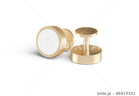 Blank round gold cufflinks stud mockup lying and stand, isolated 86829302