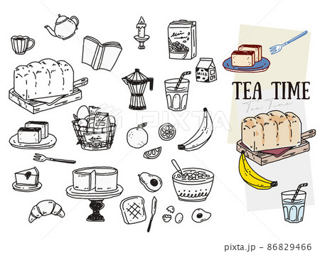 白黒 モノトーン 線画のイラスト 手書き オシャレ 雑誌 カフェ ファッション 朝食 パン お茶 のイラスト素材