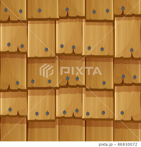Old wooden roof cover from planks with nails, ui game background, seamless pattern in cartoon style isolated. Detailed, textured material.  86830072