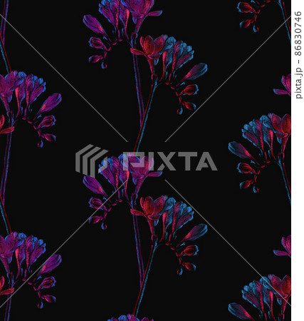 Freesia flowers drawing, seamless pattern, red and blue neon colors 86830746
