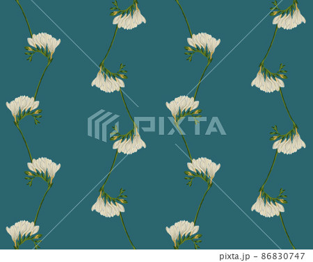 Freesia twig blooming with white flowers seamless pattern illustration on blue background 86830747