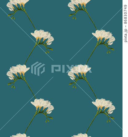 Freesia white blooming flower twig seamless pattern illustration on blue background 86830749