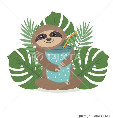 Cute character Sloth holding a glass with a drink, color isolated vector illustration Cute character Sloth holding a glass with a drink, color isolated vector illustration 86831381