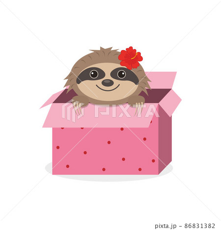 Cute character Sloth girl peeks out of a holiday box, color isolated vector illustration Cute character Sloth girl peeks out of a holiday box, color isolated vector illustration 86831382