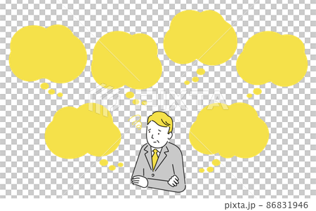 こんなお悩みありませんか?のイラスト(中年ビジネスマン)、吹き出し付き、ベクター こんなお悩みありませんか?のイラスト(中年ビジネスマン)、吹き出し付き、ベクター 86831946
