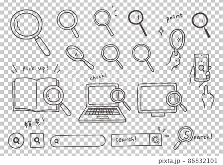 Hand-drawn illustrations related to magnifying glass and search (monochrome) 86832101