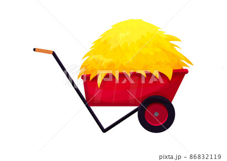 Wheelbarrow with hay pile, straw, dry grass in cartoon style isolated on white background. Rural farming equipment.  86832119