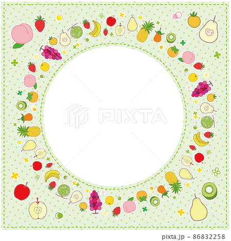 果物のフレーム 円形 1 背景 ドット柄 パステルグリーン 3 ステッチ 86832258