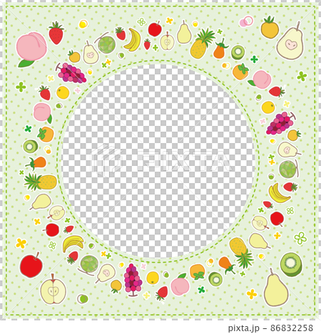 果物のフレーム 円形 1 背景 ドット柄 パステルグリーン 3 ステッチ 86832258