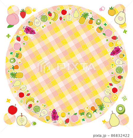 果物のフレーム 円形 1 背景 チェック柄 オレンジピンク 86832422