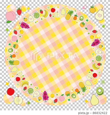 果物のフレーム 円形 1 背景 チェック柄 オレンジピンク 86832422