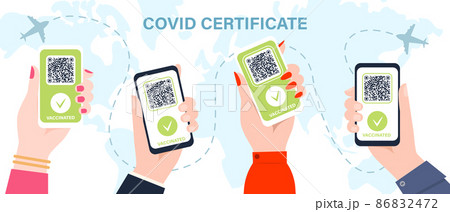 Hands with phone digital covid 19 certificate, vaccine green pass. Template for tourist electronic passports without coronavirus. Hands with phone digital covid 19 certificate, vaccine green pass. Template for tourist electronic passports without coronavirus. 86832472
