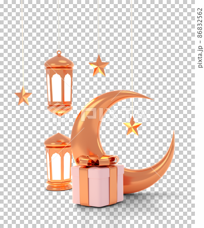 Islamic product display mock up. Podium, crescent moon, lantern, gift box. Ramadan, Islamic New Year. 3D rendering. PNG File Islamic product display mock up. Podium, crescent moon, lantern, gift box. Ramadan, Islamic New Year. 3D rendering. PNG File 86832562