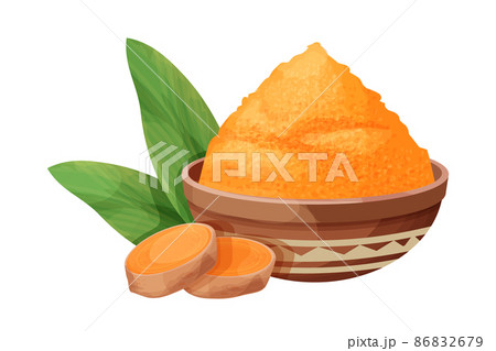 Turmeric, curcuma dry powder in bowl in cartoon style isolated on white background. Homeopathy ingredient, aromatic Asian cuisine, close up 86832679