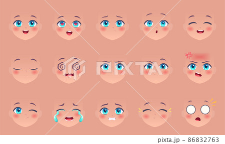 Anime faces. Manga eyes nose and lips funny expressions cartoon kawaii comic faces characters exact vector creation kit 86832763