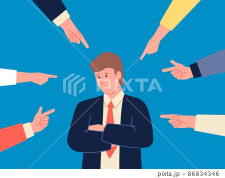 Bullying on work. Corporate blame, office hostility and fear. Tired depressed person, employee male victim of bullies. Hands indicate man recent vector concept 86834346