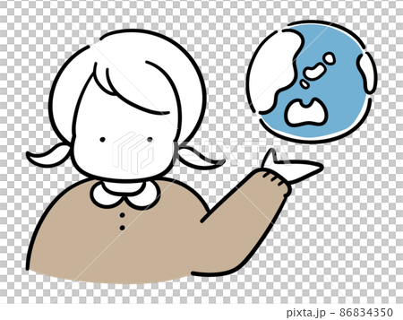 地球を掲げる女の子の可愛い人物おしゃれ線画イラストのイラスト素材