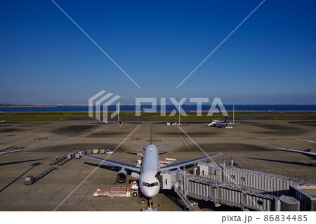 空港の飛行機 地上の作業者 飛行場の風景 空港の飛行機 地上の作業者 飛行場の風景 86834485