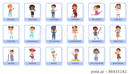 Children professional characters, young teacher, doctor and astronaut cards. Training cards for kids professions vector illustration set. Baby doctor, builder and farmer Children professional characters, young teacher, doctor and astronaut cards. Training cards for kids professions vector illustration set. Baby doctor, builder and farmer 86835282