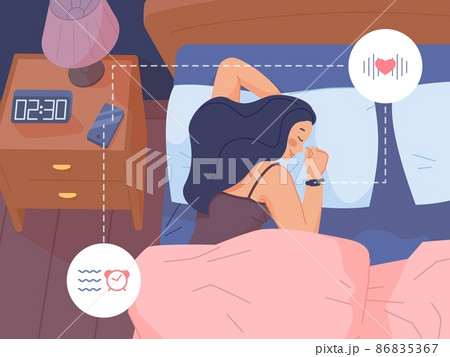 Woman sleep in gadgets. Fitness tracker mobile application, analysis heart in sleeping, sleepo girl smart watch, vector illustration Woman sleep in gadgets. Fitness tracker mobile application, analysis heart in sleeping, sleepo girl smart watch, vector illustration 86835367