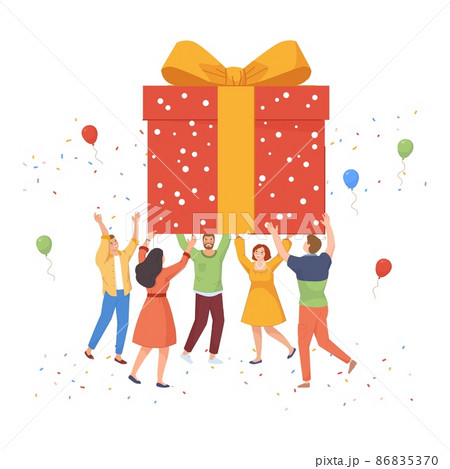 People holding big gift. Birthday present of group young workers or family friends celebrating surprise box, celebrations party, vector illustration People holding big gift. Birthday present of group young workers or family friends celebrating surprise box, celebrations party, vector illustration 86835370