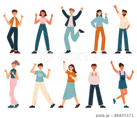 Happy excited people with positive ok, peace and heart gestures. Cheerful male and female characters body language vector illustration set. People show positive gestures 86835371