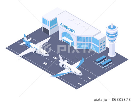 Isometric airport building and runway, plane taking off. International airport terminal isolated vector illustration. City airport runway strip 86835378