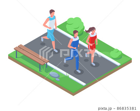 Isometric marathon race, people jogging, running in park. Female and male running characters vector illustration set. Adult people sprint around city park 86835381