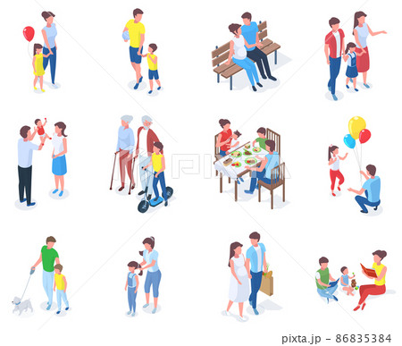 Isometric family, parents play and walk with children. Families walk in park, reading books or having dinner vector illustration set. Parents spending time with kids 86835384