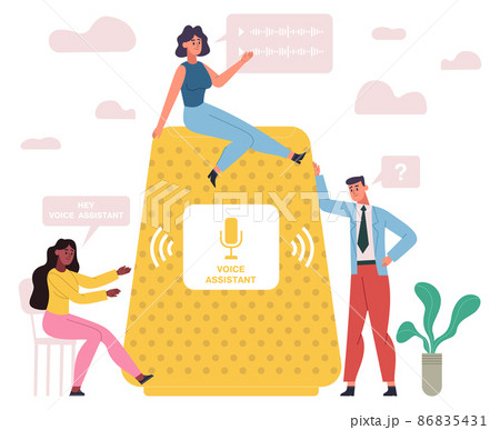 Voice command assistant, digital smart speaker device. People use smart speakers, digital assistants software technology vector illustration. Smart speaker concept 86835431