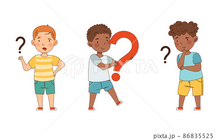 Puzzled Little Boy with Question Mark Scratching His Head Wondering Vector Illustration Set 86835525
