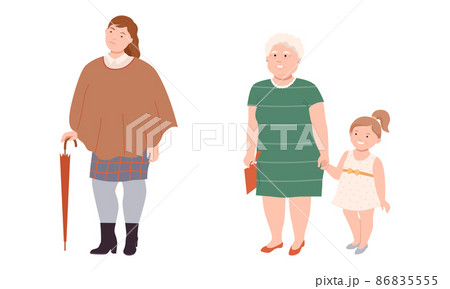 Woman Character with Corpulent Body Standing with Little Girl Full Length Vector Illustration Set Woman Character with Corpulent Body Standing with Little Girl Full Length Vector Illustration Set 86835555