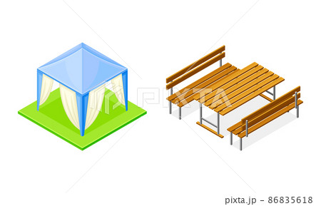 Picnic Tent or Marquee on Green Square Area and Wooden Table with Bench Isometric Vector Illustration Set 86835618
