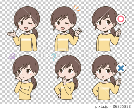 カジュアルな私服の若い女性の表情セット 86835858