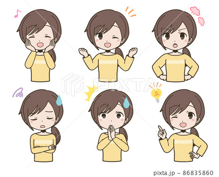 カジュアルな私服の若い女性の表情セット 86835860