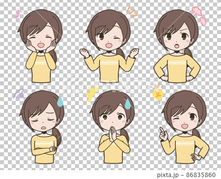 カジュアルな私服の若い女性の表情セット 86835860