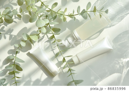 Cosmetic bottle containers packaging with green herbal leaves in shadow and light effect Cosmetic bottle containers packaging with green herbal leaves in shadow and light effect 86835996