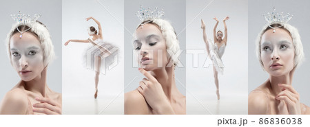 Set of images of graceful classic ballerina isolated on white studio background. Woman in tender clothes like a white swan character. 86836038