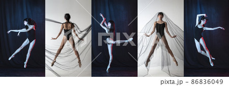 Flexibility and emotions. Collage of portraits of female ballet dancers dancing on dark studio background. Models in stage images. 86836049