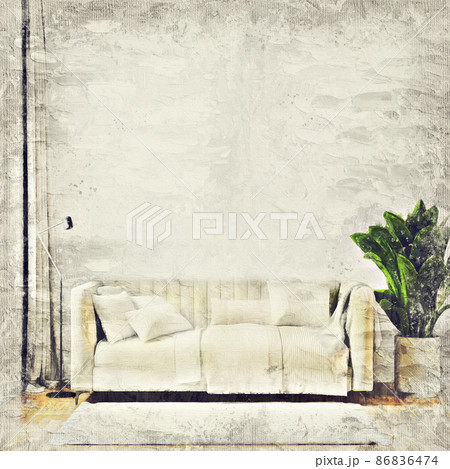 Modern beautiful interior of the room with colored walls, large windows and stylish furniture. The image is stylized as an oil painting. Bright and stylish design. 3D rendering 86836474