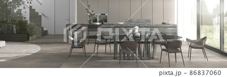 Minimalism interior design kitchen and dining room. Contemporary island and chairs, stone floor, wooden ceiling. 3d render illustration banner web. Minimalism interior design kitchen and dining room. Contemporary island and chairs, stone floor, wooden ceiling. 3d render illustration banner web. 86837060