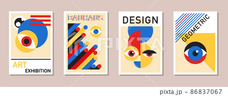 Abstract modern Bauhaus posters. Minimal Swiss retro art design paintings templates with geometric shapes, eyes. Vector illustration in simple vintage postmodernism for business brochure, certificate 86837067