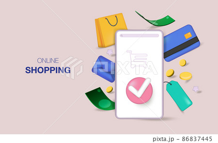 Online shopping. Online shopping 3d design mobile apps. For web banners and posters. Vector illustration realistic Online shopping. Online shopping 3d design mobile apps. For web banners and posters. Vector illustration realistic 86837445