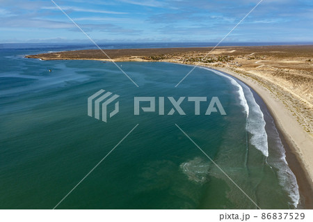 pacific ocean waves in Scorpion Bay San Juanico Baja California Sur Mexico aerial panorama landscape 86837529
